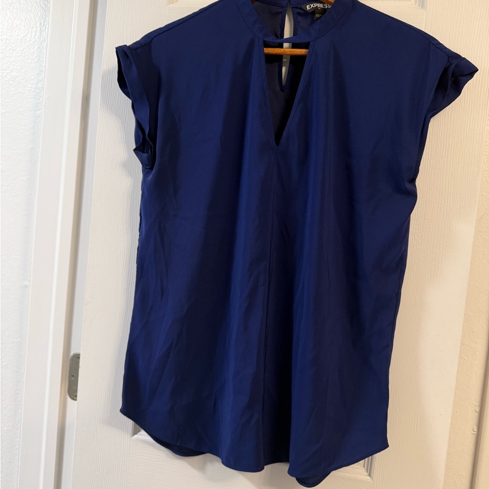 Express Deep Blue Cap-Sleeve Keyhole Blouse